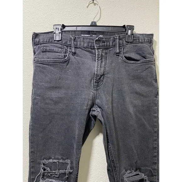 Old Navy Slim BuiltIn Flex Jeans Mens 34x32 Washed Black Distressed Ripped Knees - Picture 3 of 13